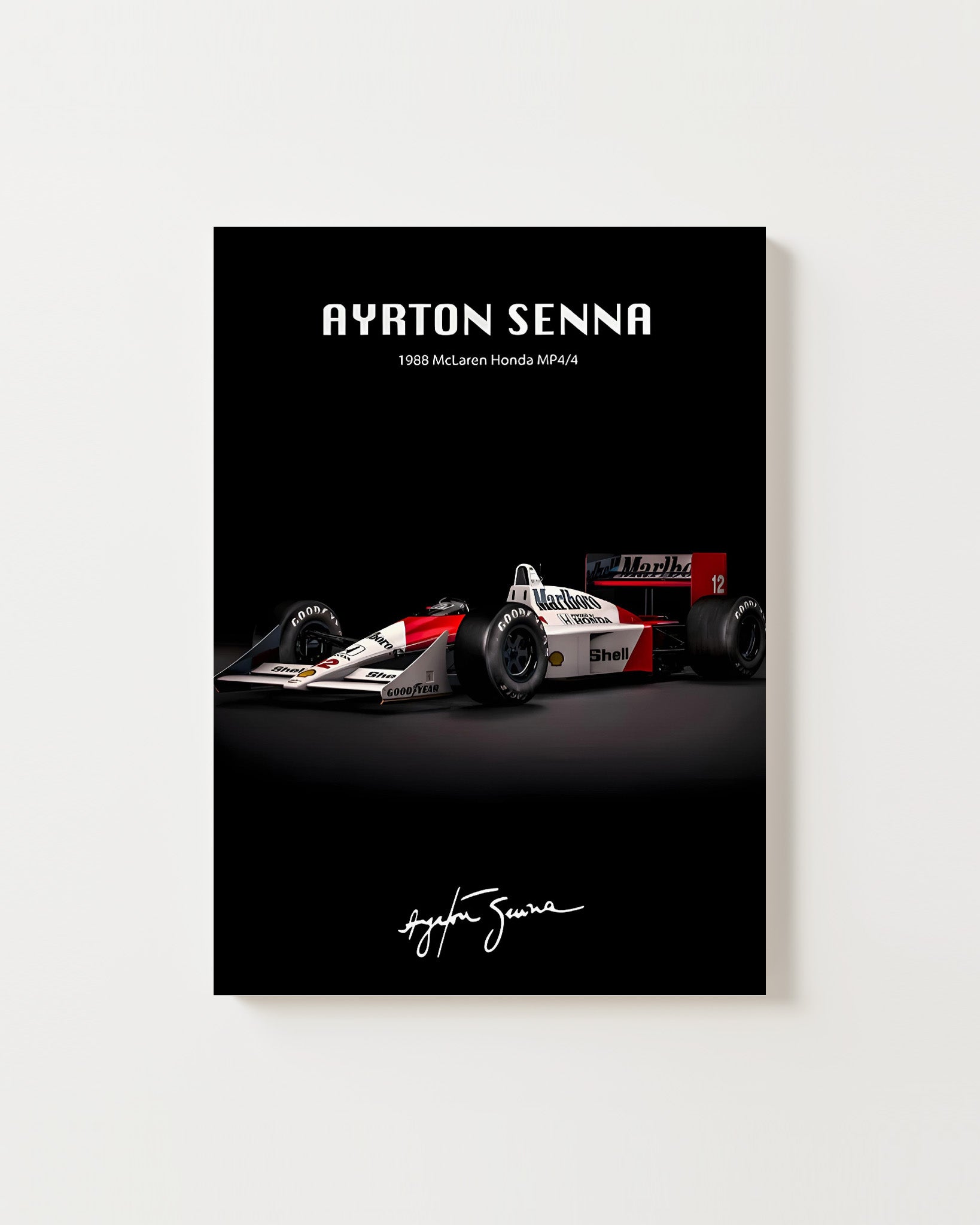 Affiche Ayrton Senna avec McLaren MP4/4 rouge et blanche sur fond noir.