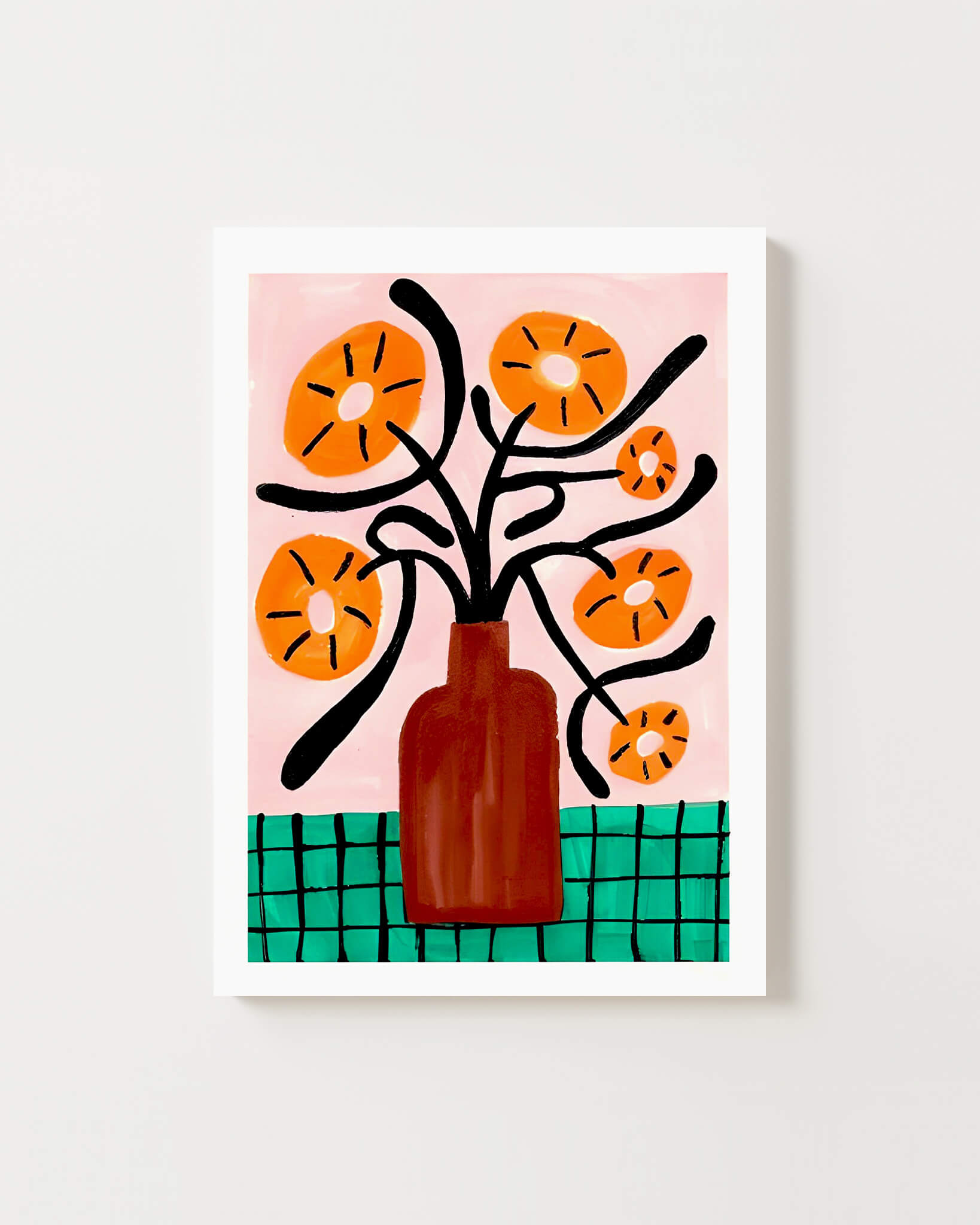 Affiche fleurs orange naïves style bohème rétro, poster floral moderne fond rose pour déco murale joyeuse et colorée